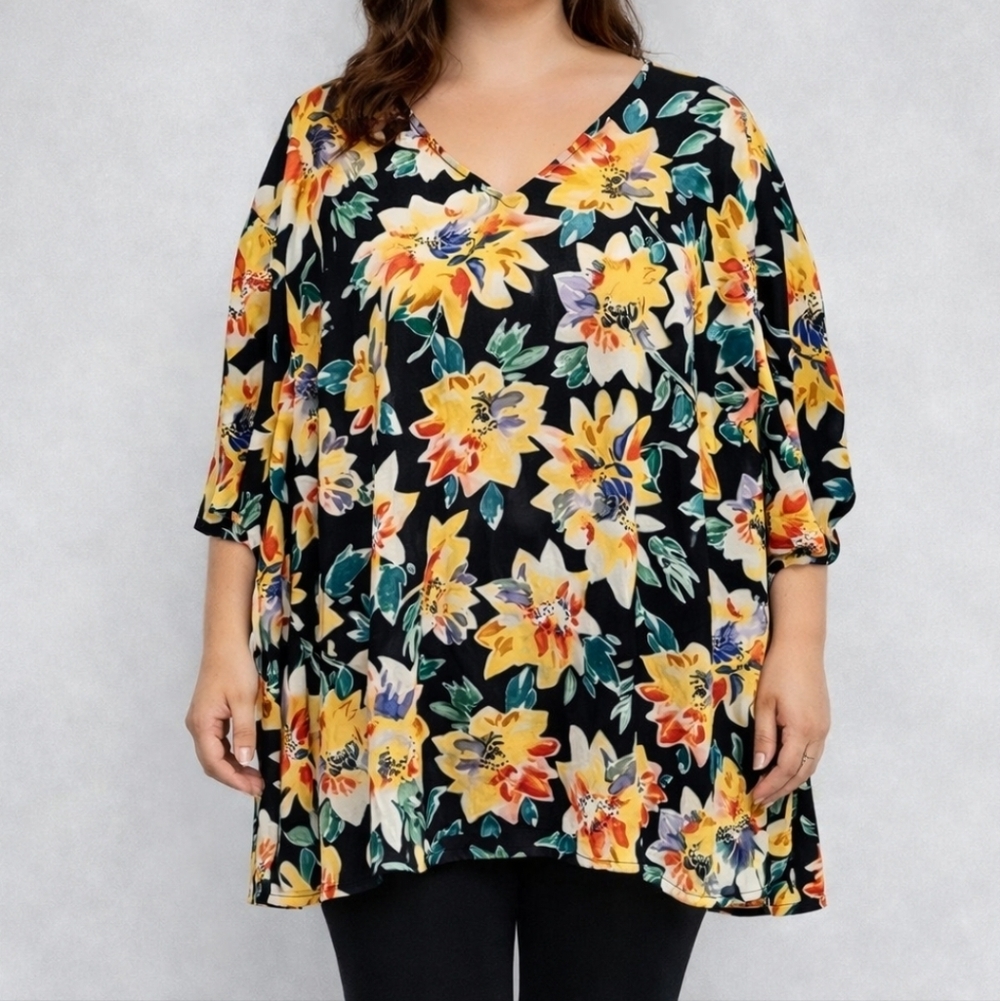 Floral Flowy Tunic Blouse Black V-Neck - 4XL - NWT